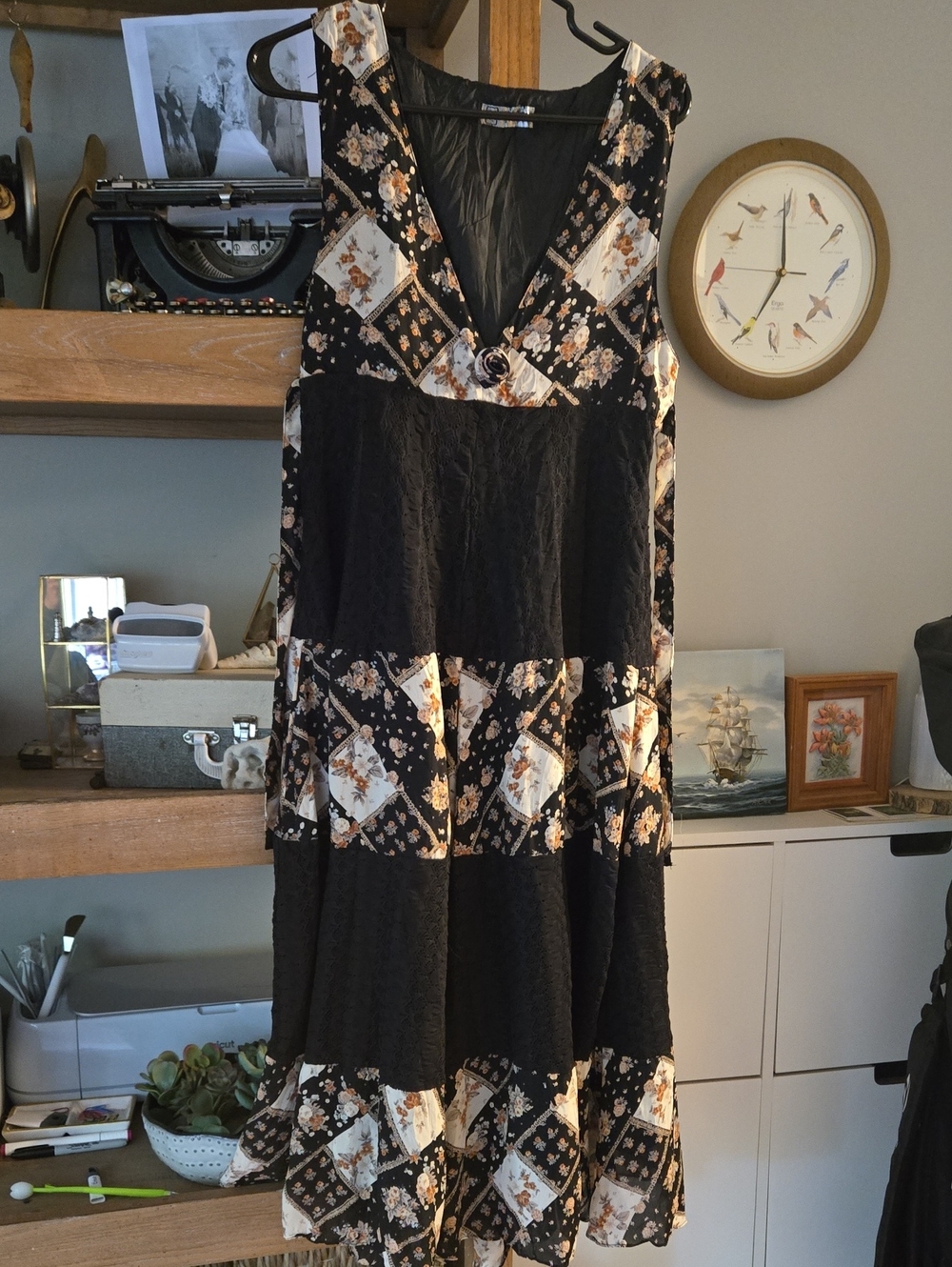 Vintage Women's Black Floral Patchwork Dress